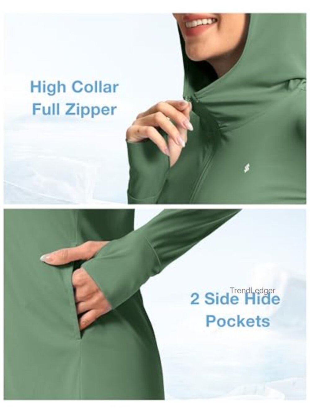 Women's UPF 50+ Swim Cover Up Sun Protection Hoodie Jacket Long Sleeve - Picture 3 of 5